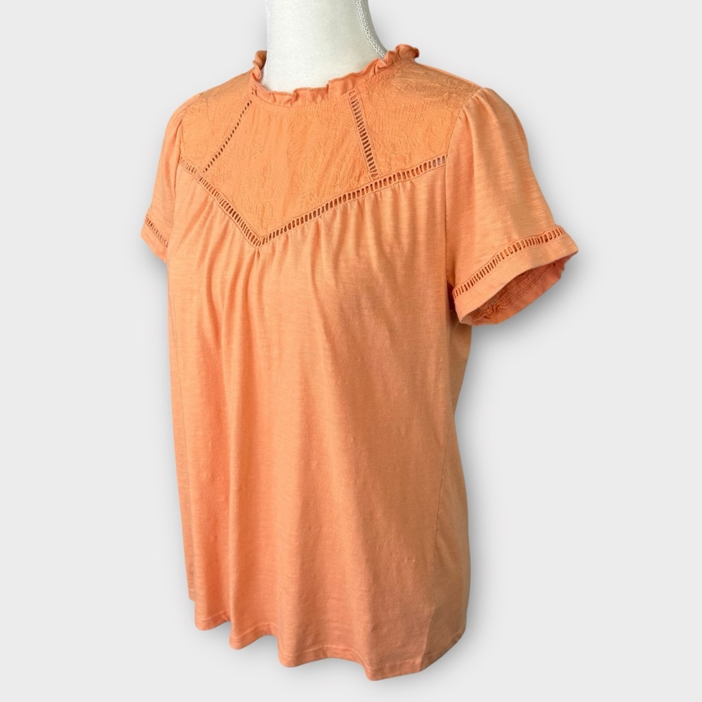 Frye Coral Orange Ruffle High Neck Short Sleeve Top M Textured Floral Lace Yoke